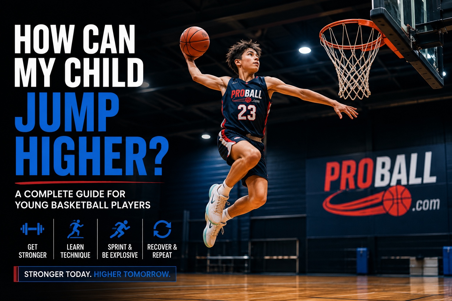 Young basketball player jumping toward the hoop during training, illustrating how strength, technique, sprinting and consistent basketball training can help kids jump higher.